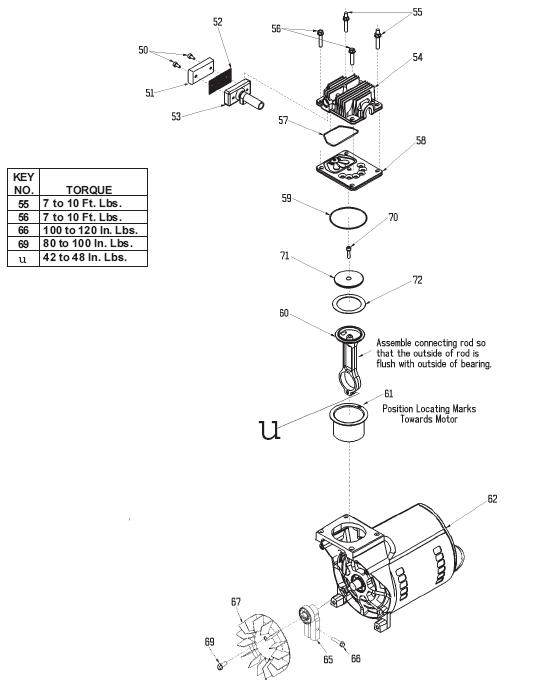 DEVILBISS MODEL 100E3D-1 OIL FREE AIR COMPRESSOR PUMP AND MOTOR BREAKDOWN, PARTS LIST, REPLACEMENT PARTS, REPAIR KITS