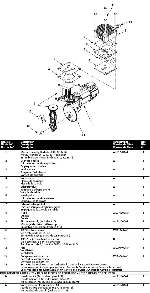 CAMPBELL HAUSFELD OIL FREE AIR COMPRESSOR MODEL WL390002 PUMP AND MOTOR, BREAKDOWN, PARTS LIST, REPLACEMENT PARTS, REPAIR KITS