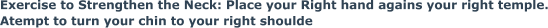 Exercise to Strengthen the Neck: Place your Right hand agains your right temple. Atempt to turn your chin to your right shoulde